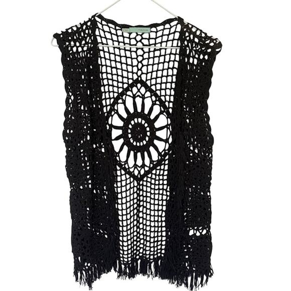 Womens Open Knit Crochet Open Front Cardigan L Festival Whimsigoth Fringe Boho - Picture 1 of 12